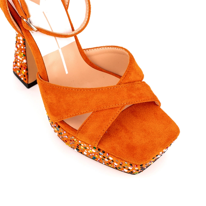 Orange Suede Rhinestone Platform Ankle Strap Spool Heel Party Sandals 6 Orange Suede Rhinestone Platform Ankle Strap Spool Heel Party Sandals - Image 4
