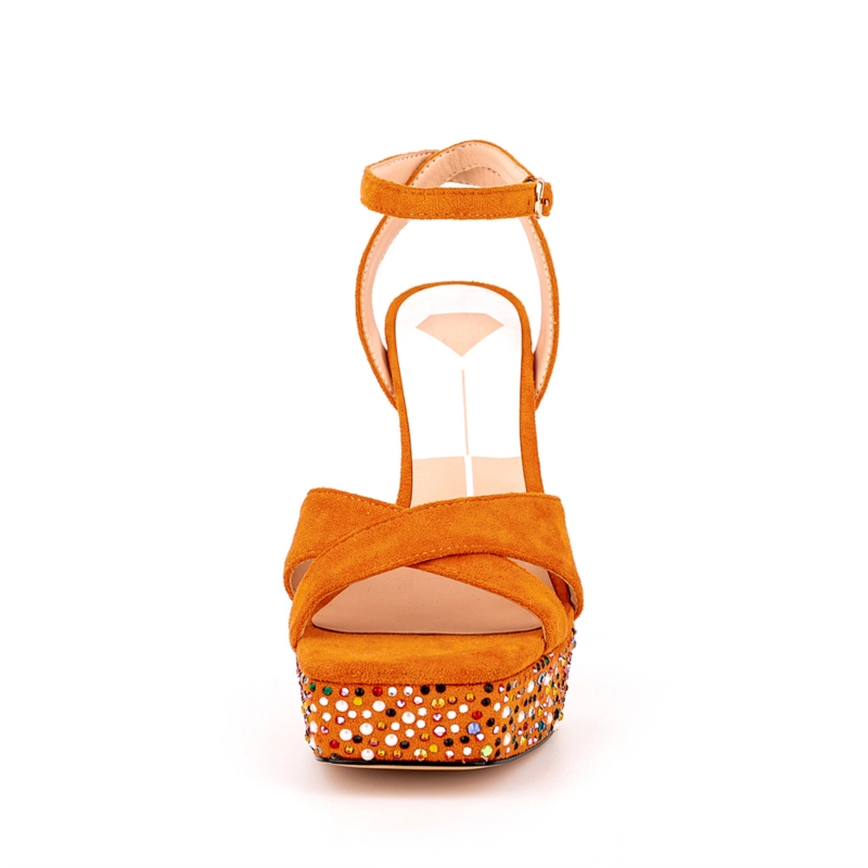 Orange Suede Rhinestone Platform Ankle Strap Spool Heel Party Sandals 11 Orange Suede Rhinestone Platform Ankle Strap Spool Heel Party Sandals - Image 9