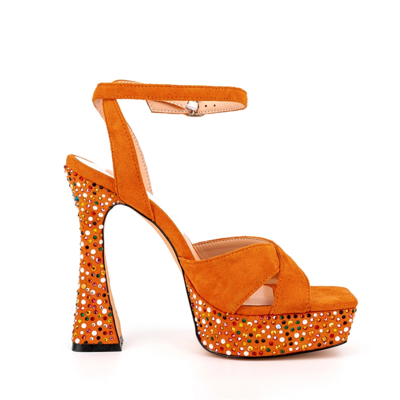 Orange Suede Rhinestone Platform Ankle Strap Spool Heel Party Sandals 8 Orange Suede Rhinestone Platform Ankle Strap Spool Heel Party Sandals - Image 6