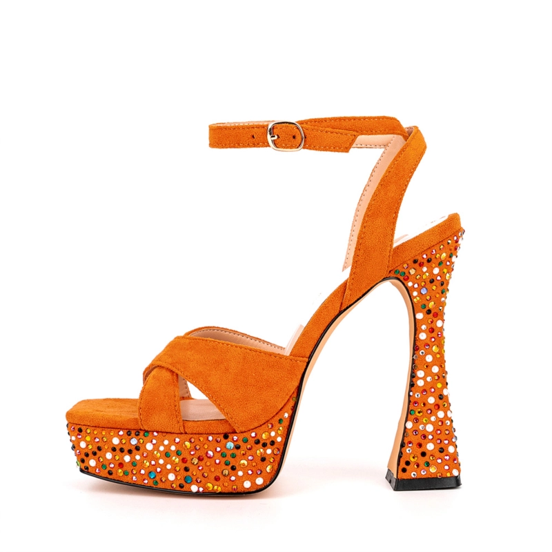 Orange Suede Rhinestone Platform Ankle Strap Spool Heel Party Sandals 4 Orange Suede Rhinestone Platform Ankle Strap Spool Heel Party Sandals - Image 2