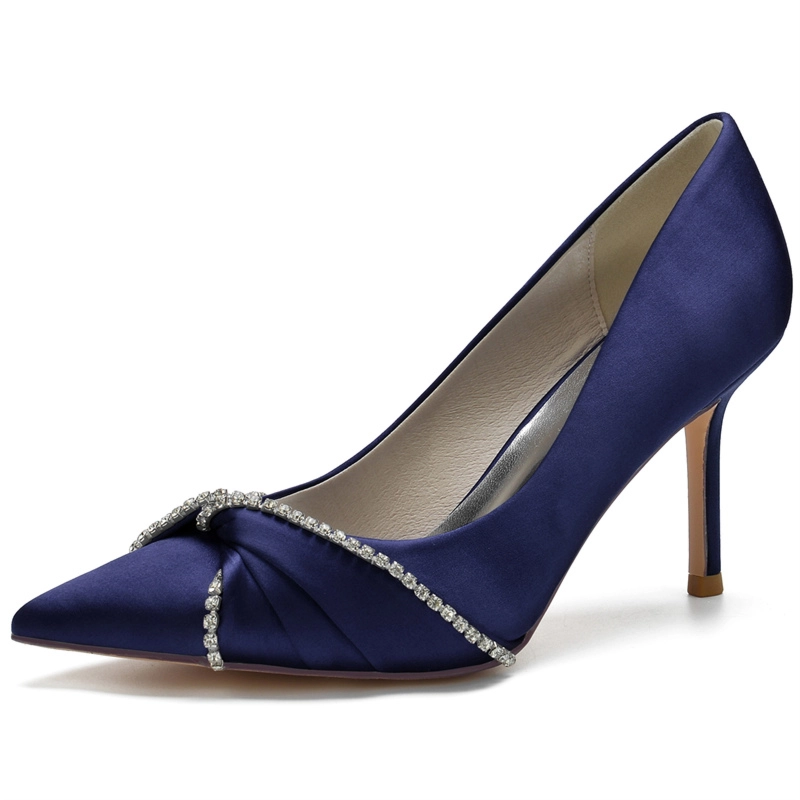 Sapphire Blue Satin Wedding Shoes Pointed Toe Stiletto Heel Pumps With Bow - Image 9