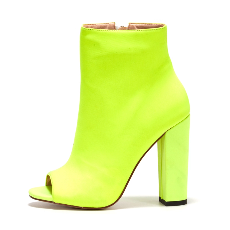 Neon Lime Green Peep Toe Heeled Ankle Boots Chunky High Heels - Image 6