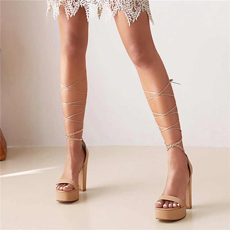 Nude Platform Chunky High Heels Lace Up Chain Ankle Strap Sandals - Image 4