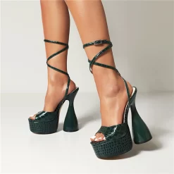 Olive Green Platform Chunky High Heels Croc Effect Lace Up Sandals Tied Shoes -Ladies Fashion Shoes olive green croc effect lace up sandals platform chunky heel tied shoes 2 1.jpg.mst