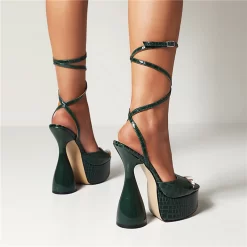 Olive Green Platform Chunky High Heels Croc Effect Lace Up Sandals Tied Shoes -Ladies Fashion Shoes olive green croc effect lace up sandals platform chunky heel tied shoes 3 1.jpg.mst