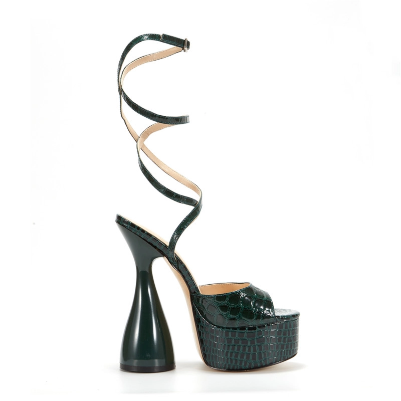 Olive Green Platform Chunky High Heels Croc Effect Lace Up Sandals Tied Shoes - Image 7