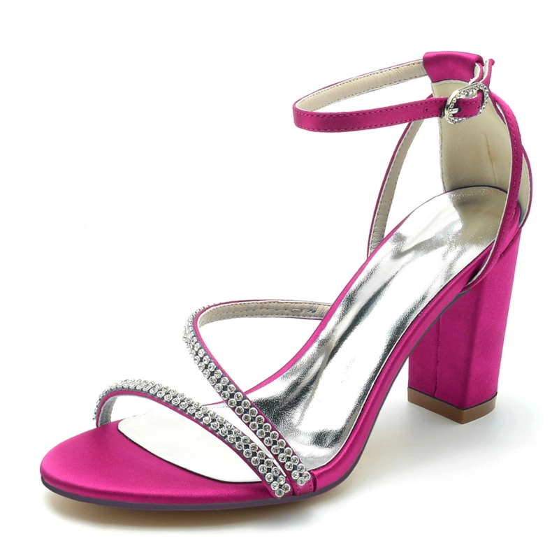 Open Toe Rhinestone Ankle Strap Chunky Heel Satin Wedding Sandals 6 Open Toe Rhinestone Ankle Strap Chunky Heel Satin Wedding Sandals - Image 4