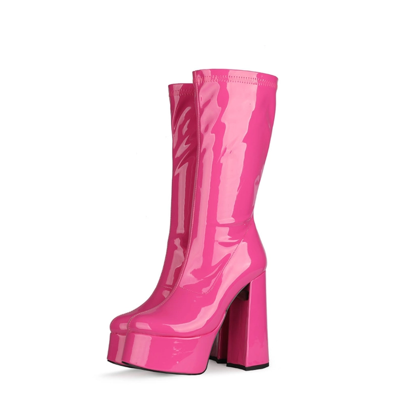 Patent Leather Minimalist Chunky Heel Round Toe Zipper Boots - Image 10