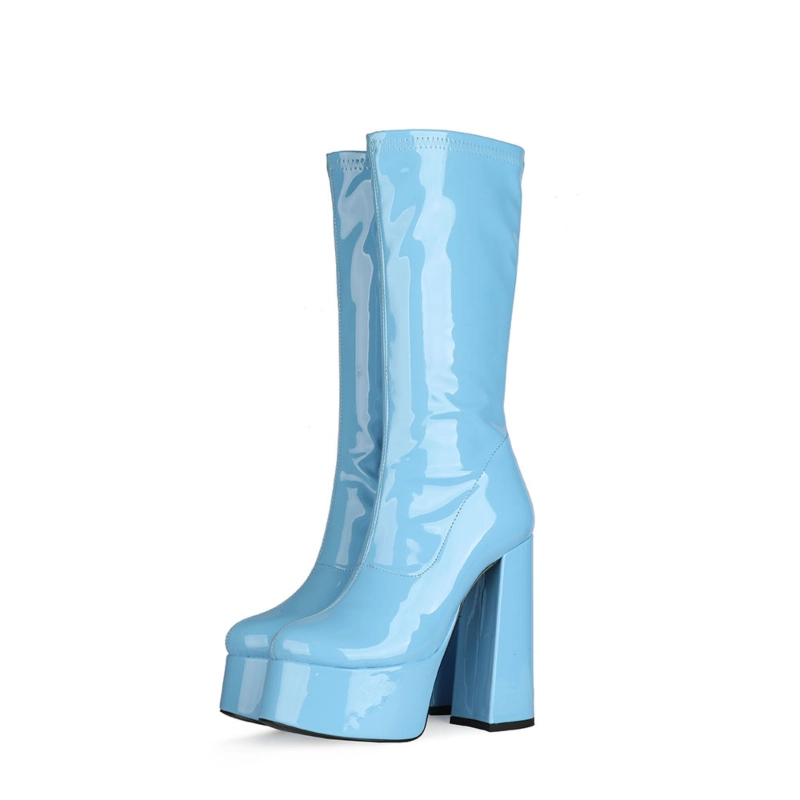 Patent Leather Minimalist Chunky Heel Round Toe Zipper Boots - Image 3