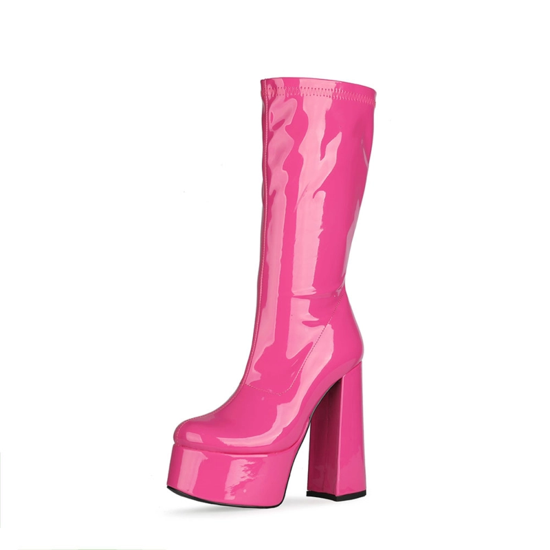 Patent Leather Minimalist Chunky Heel Round Toe Zipper Boots - Image 9