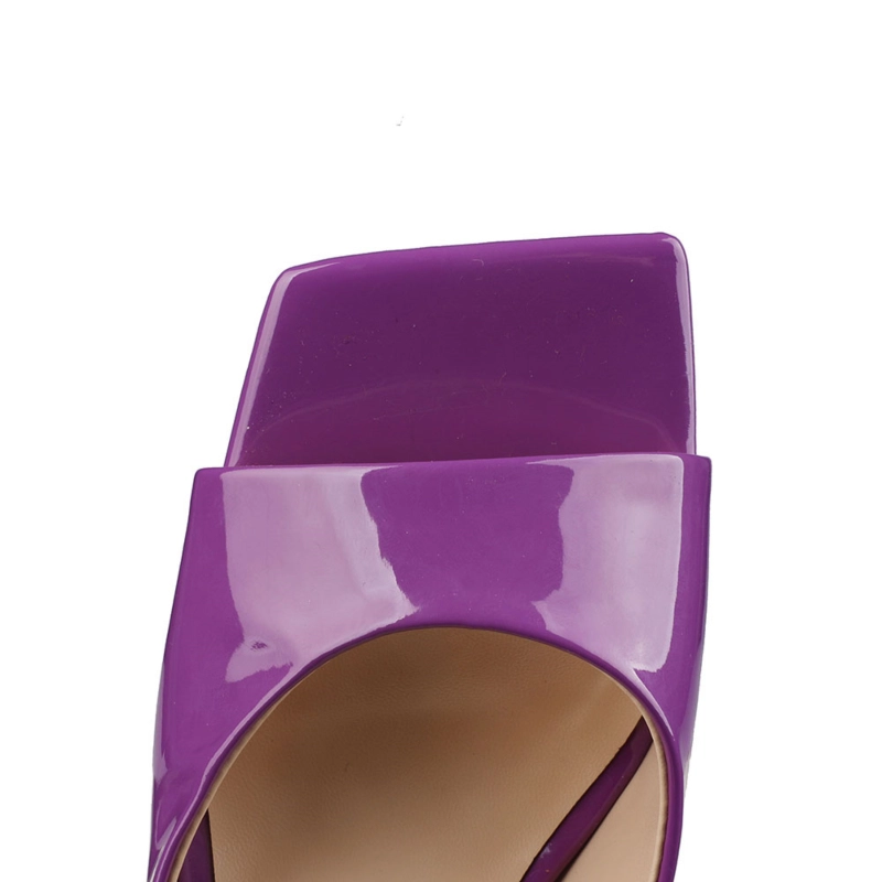 Patent Leather Party Mule Sandals Square Toe Slides With Block Heel - Image 3