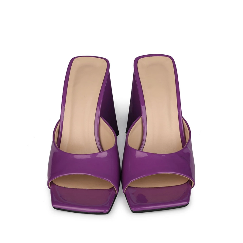 Patent Leather Party Mule Sandals Square Toe Slides With Block Heel