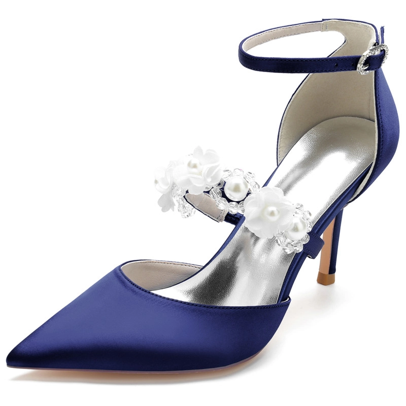 Pearl Embellished Strap D'orsay Pumps Satin Stiletto Heels For Wedding - Image 4
