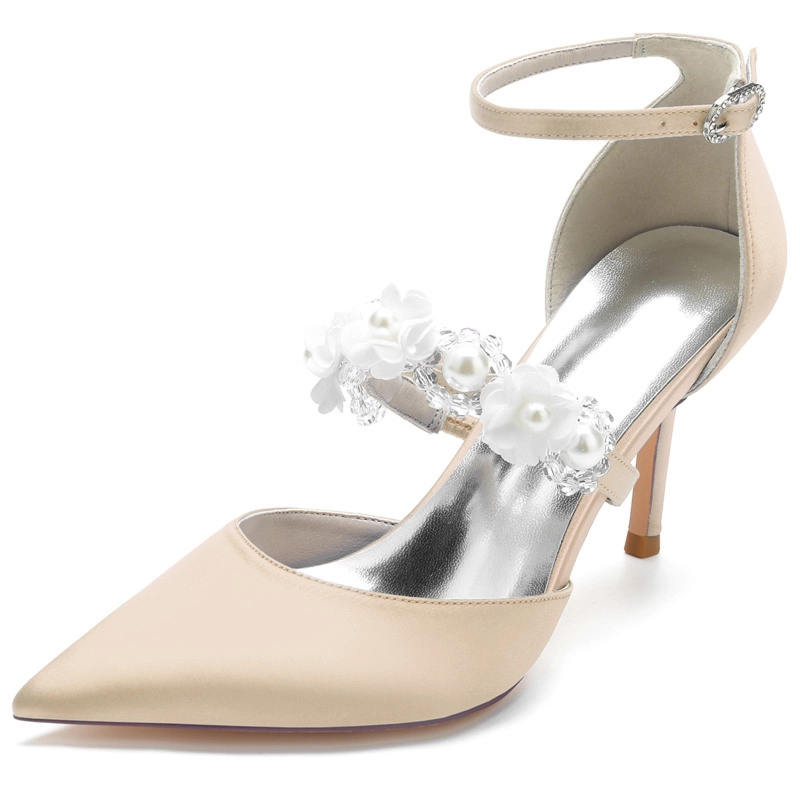 Pearl Embellished Strap D'orsay Pumps Satin Stiletto Heels For Wedding - Image 3