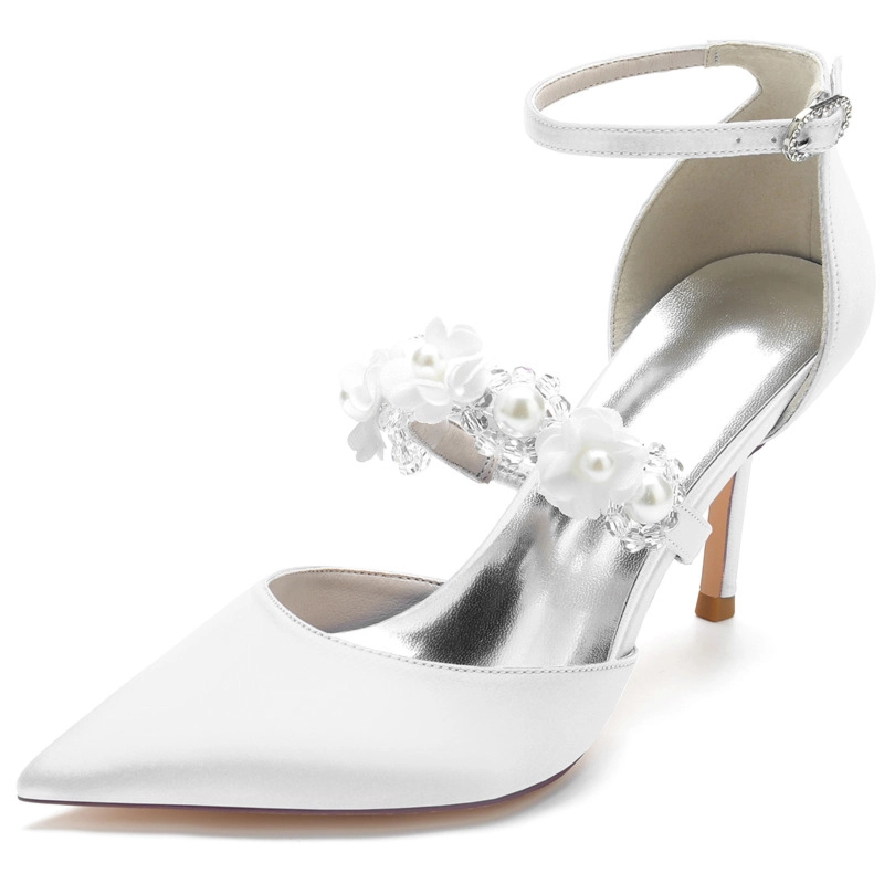 Pearl Embellished Strap D'orsay Pumps Satin Stiletto Heels For Wedding - Image 13