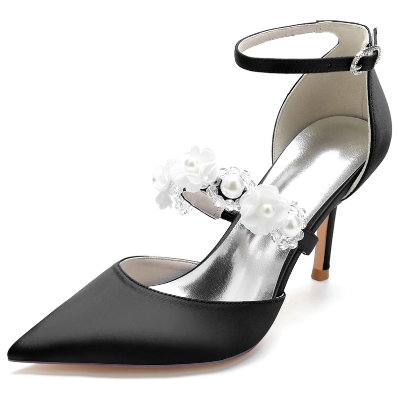 Pearl Embellished Strap D'orsay Pumps Satin Stiletto Heels For Wedding - Image 12