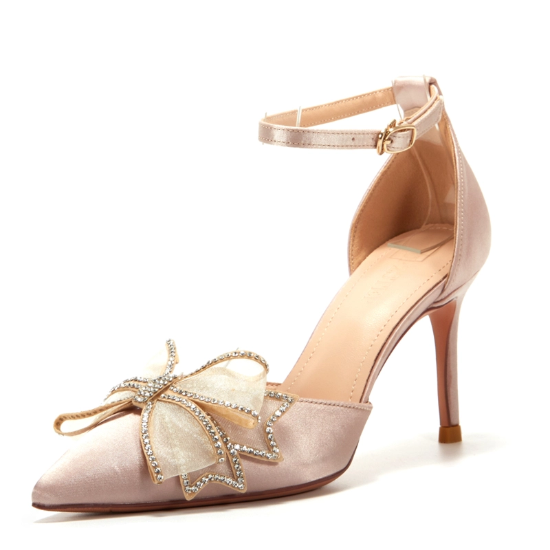Satin Ankle Strap D'orsay Pump Rhinestone Bow Wedding Heels