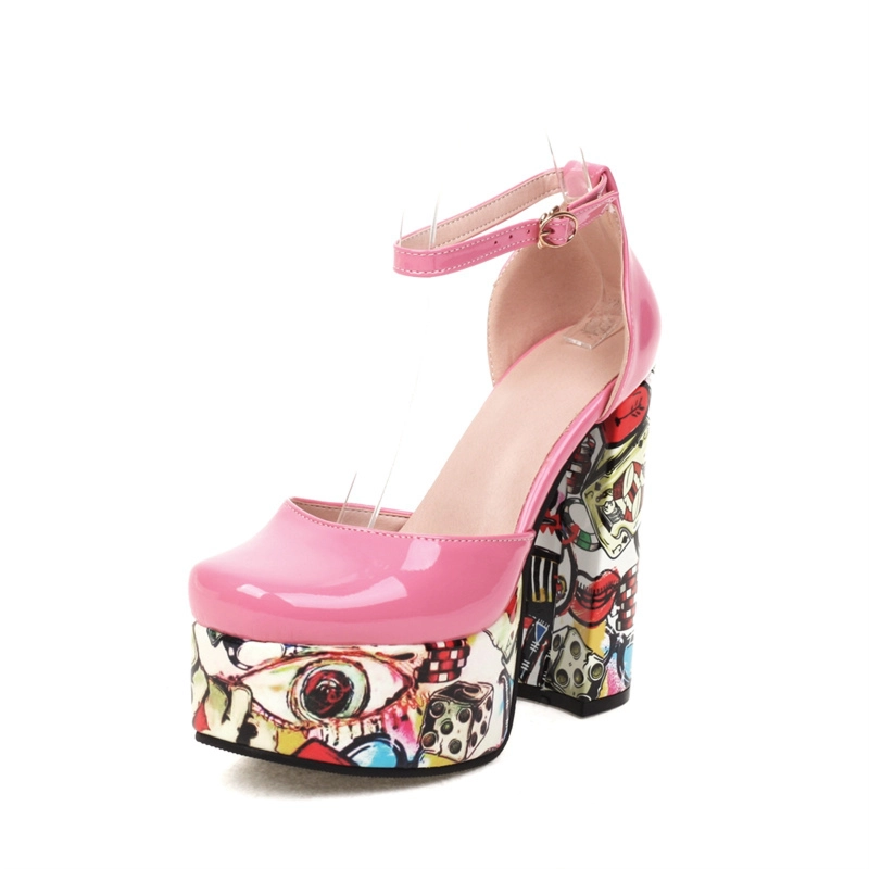 Platform Ankle Strap Block Heels Color-Block Heeled Buckle Graffiti Shoes - Image 13