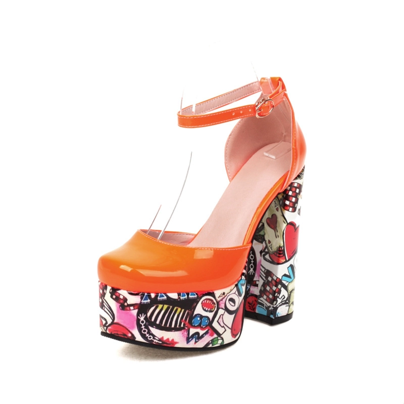 Platform Ankle Strap Block Heels Color-Block Heeled Buckle Graffiti Shoes - Image 19