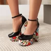 Platform Ankle Strap Block Heels Color-Block Heeled Buckle Graffiti Shoes