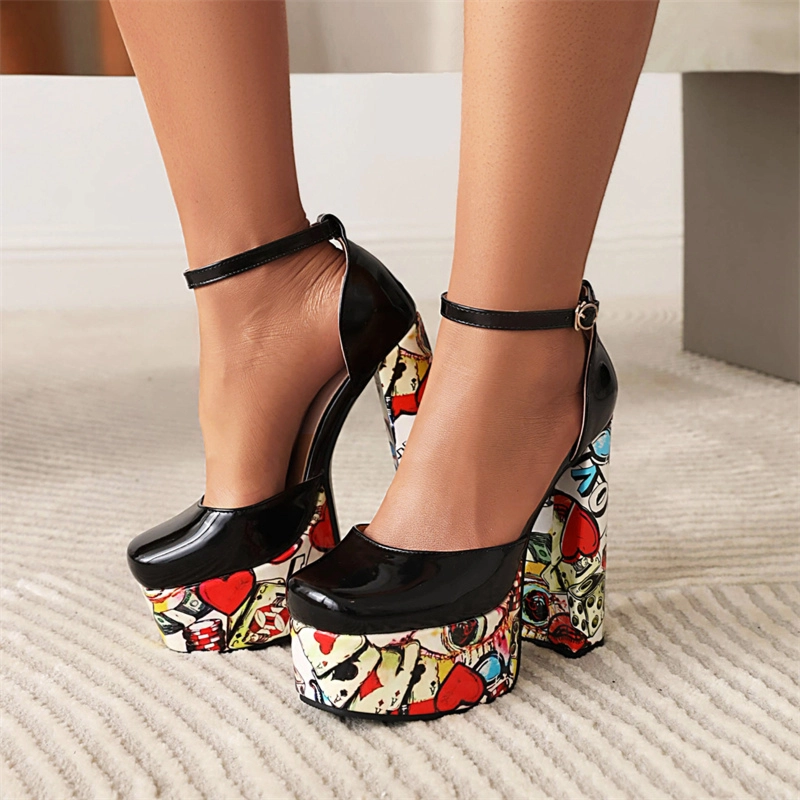Platform Ankle Strap Block Heels Color-Block Heeled Buckle Graffiti Shoes
