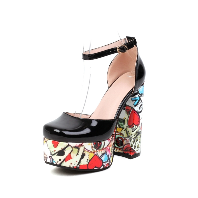 Platform Ankle Strap Block Heels Color-Block Heeled Buckle Graffiti Shoes - Image 4