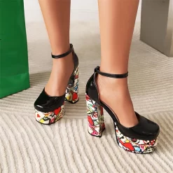 Platform Ankle Strap Block Heels Color-Block Heeled Buckle Graffiti Shoes -Ladies Fashion Shoes platform ankle strap block heels color block heeled buckle graffiti shoes 6 1 1.jpg.mst