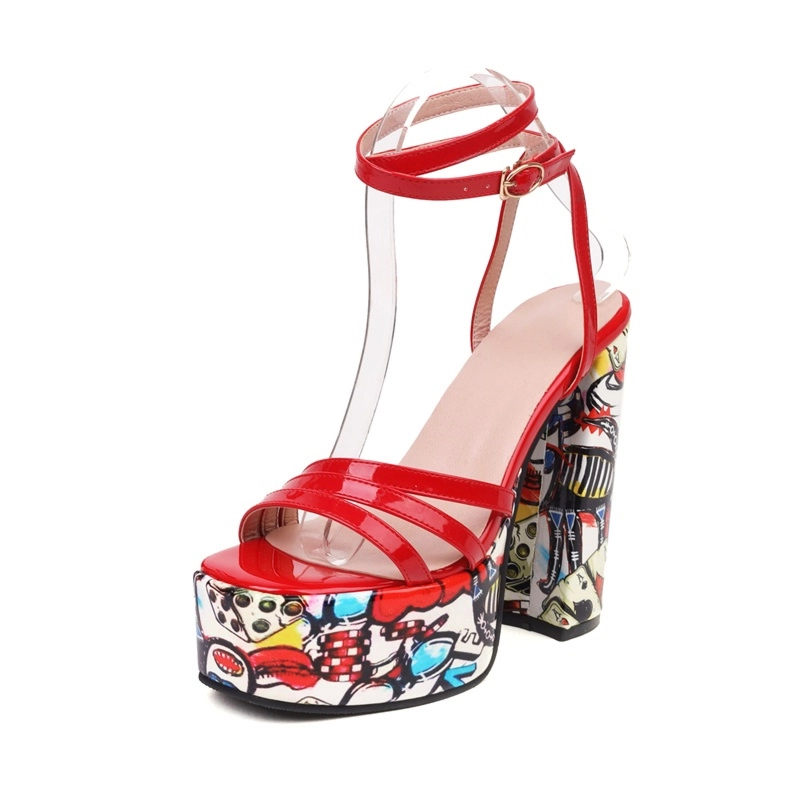 Platform Block Heel Cross Strap Sandals Graffiti Strappy Platform Dress Shoes 16 Platform Block Heel Cross Strap Sandals Graffiti Strappy Platform Dress Shoes - Image 14