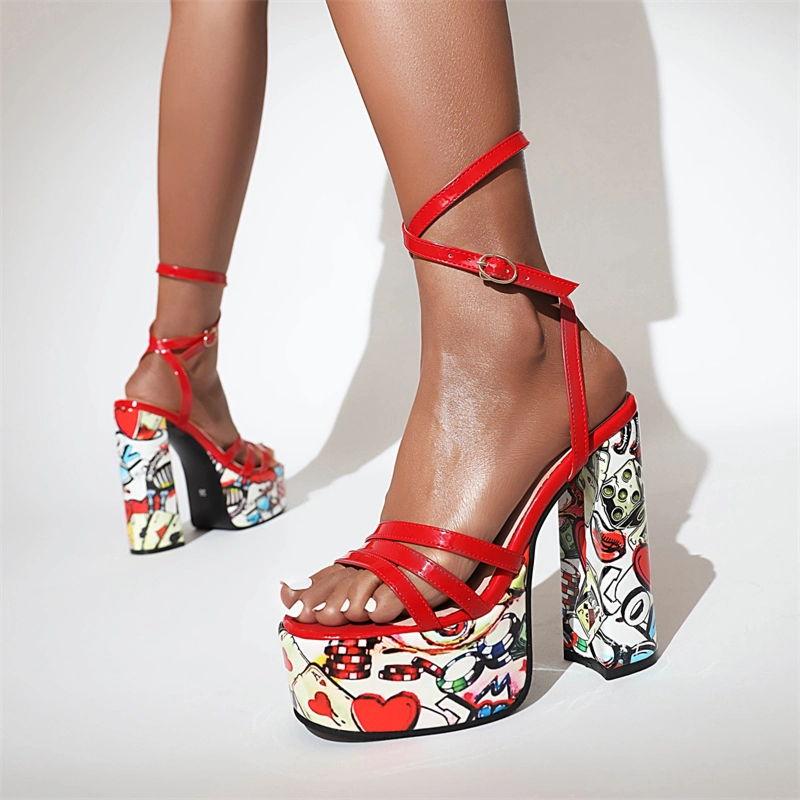 Platform Block Heel Cross Strap Sandals Graffiti Strappy Platform Dress Shoes 13 Platform Block Heel Cross Strap Sandals Graffiti Strappy Platform Dress Shoes - Image 11
