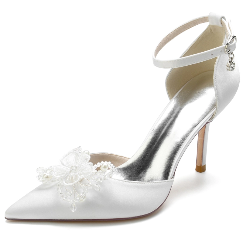 Pointed Toe Stiletto Heel Beads Flowers Ankle Strap Heel Wedding Shoes