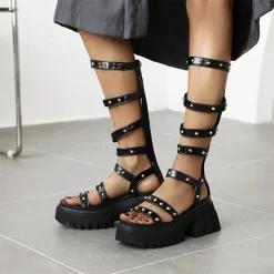 Punk Rivet Platform Strappy Gladiator Sandals With Zipper&Chunky Heel -Ladies Fashion Shoes punk rivet platform gladiator sandals with zipper chunky heel 2 1.jpg.mst