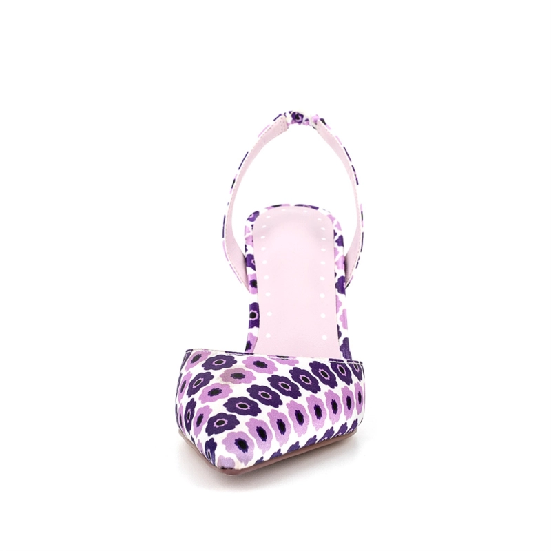 Purple Flowers Printed Pointed Toe Stilettos Slingback Heel Sandals - Image 5