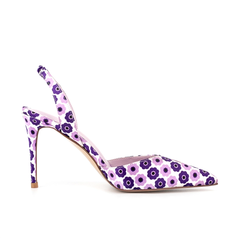 Purple Flowers Printed Pointed Toe Stilettos Slingback Heel Sandals - Image 6