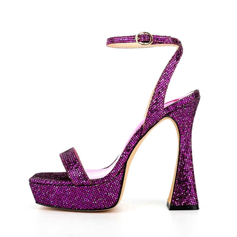 Glitter Spool Heel Platform Sandals Square Toe Ankle Strap High Heels - Image 2