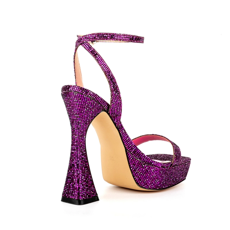 Glitter Spool Heel Platform Sandals Square Toe Ankle Strap High Heels - Image 5