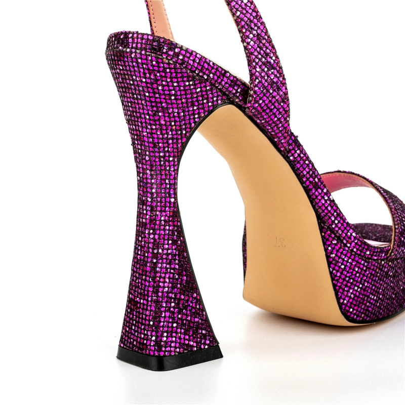 Glitter Spool Heel Platform Sandals Square Toe Ankle Strap High Heels - Image 6