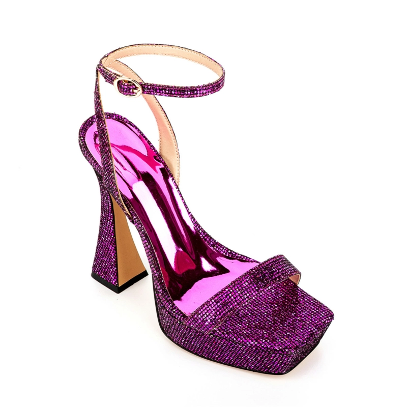 Glitter Spool Heel Platform Sandals Square Toe Ankle Strap High Heels - Image 7