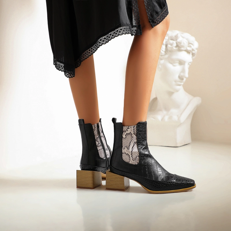 Python Effect Ankle Booties Square Toe Chelsea Boots - Image 16