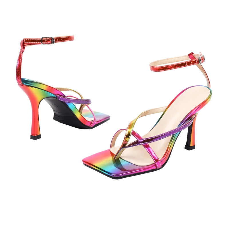 Rainbow Flip Flop Sandals Stiletto Heels Sqaure Toe Heeled Sandals With Ankle Strap 11 Rainbow Flip Flop Sandals Stiletto Heels Sqaure Toe Heeled Sandals With Ankle Strap - Image 10