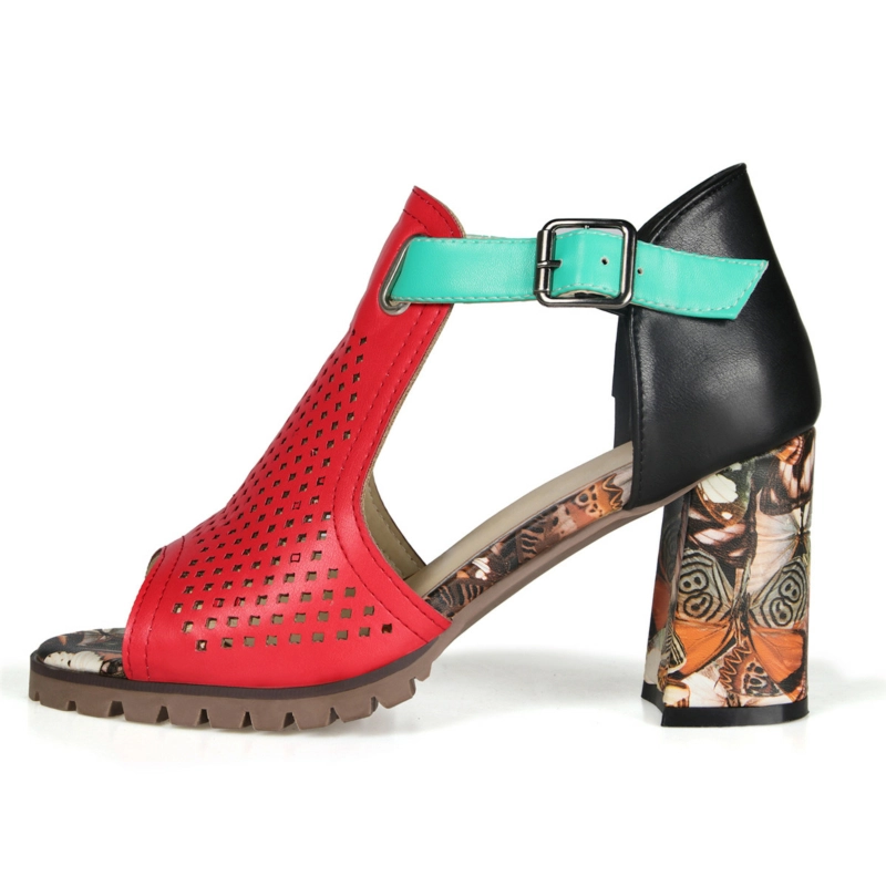 Red And Black Cut Out Sandals Patterned Chunky Heel Sandals 7 Red And Black Cut Out Sandals Patterned Chunky Heel Sandals - Image 5