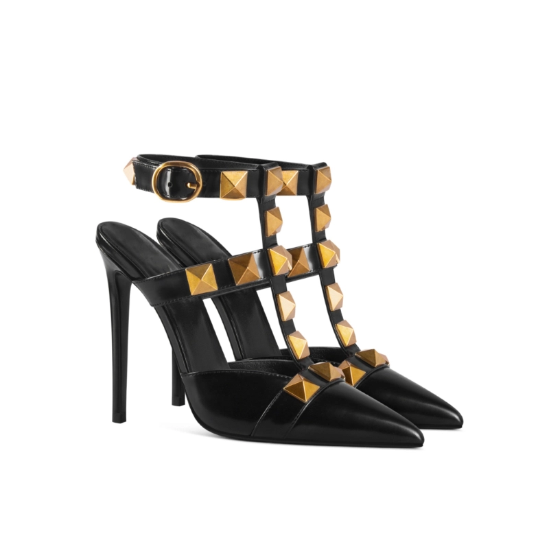 Rivet Slingback Heeled Sandals Pointed Toe Studded T-Strap Dress Shoes 14 Rivet Slingback Heeled Sandals Pointed Toe Studded T-Strap Dress Shoes - Image 12