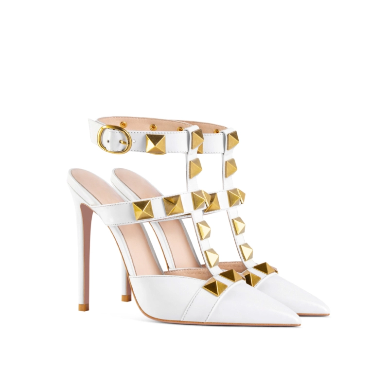 Rivet Slingback Heeled Sandals Pointed Toe Studded T-Strap Dress Shoes 6 Rivet Slingback Heeled Sandals Pointed Toe Studded T-Strap Dress Shoes - Image 4