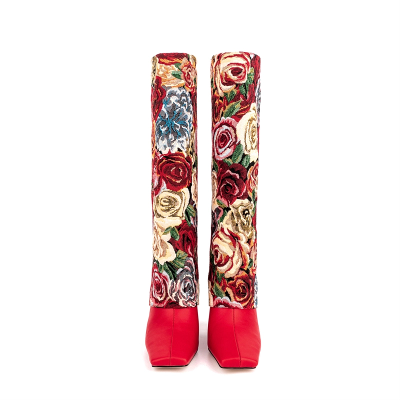 Rose Flower Embroidery Fold Over Knee High Boots Chunky Heel Square Toe Booties - Image 7