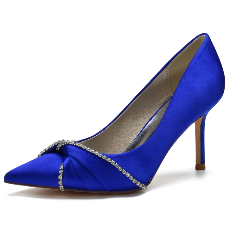 Sapphire Blue Satin Wedding Shoes Pointed Toe Stiletto Heel Pumps With Bow - Image 7