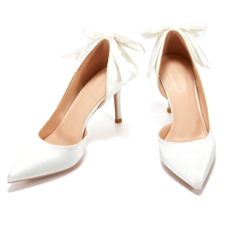 Satin Bow Back Pumps D'orsay Stiletto Heels Bridal Shoes For Wedding - Image 20