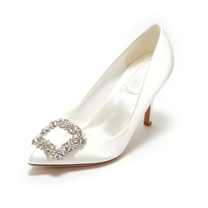 Satin Heeled Pointy Toe Rhinestone Wedding Stiletto Pumps For Women - Image 2