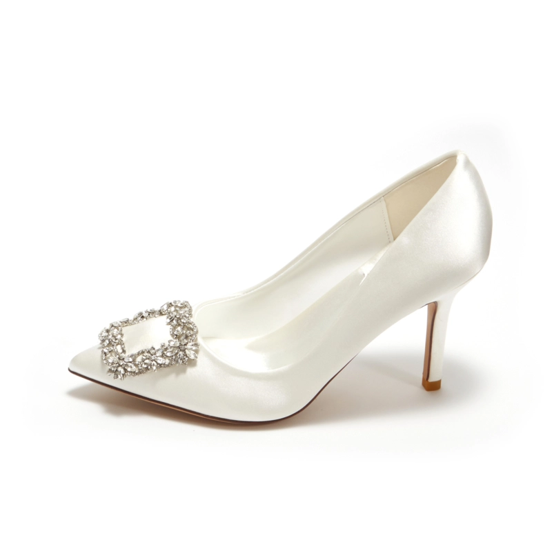 Satin Heeled Pointy Toe Rhinestone Wedding Stiletto Pumps For Women - Image 3