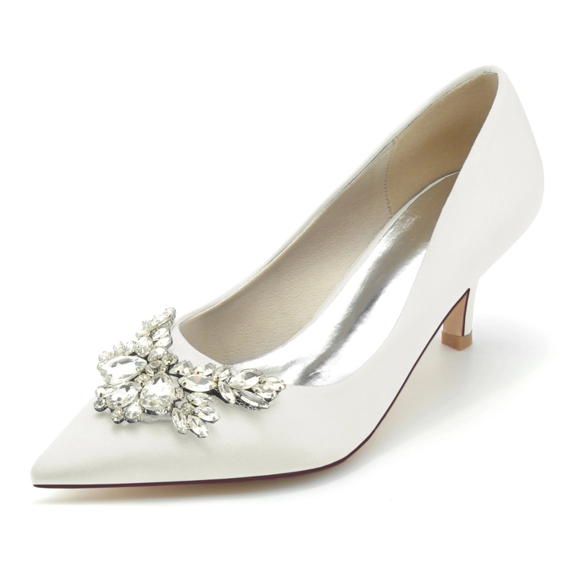 Satin Jeweled Heels Wedding Pointed Toe Pumps Kitten Heel