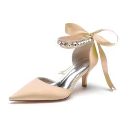 Satin Kitten Heel Pumps Bow D'orsay Shoes With Crystal Strap
