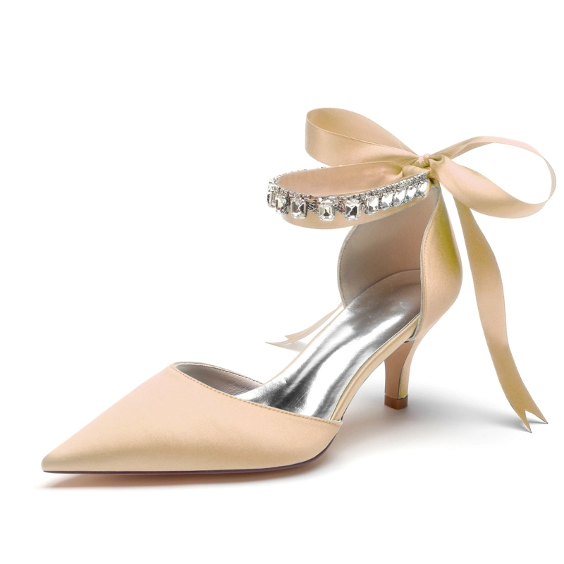 Satin Kitten Heel Pumps Bow D'orsay Shoes With Crystal Strap